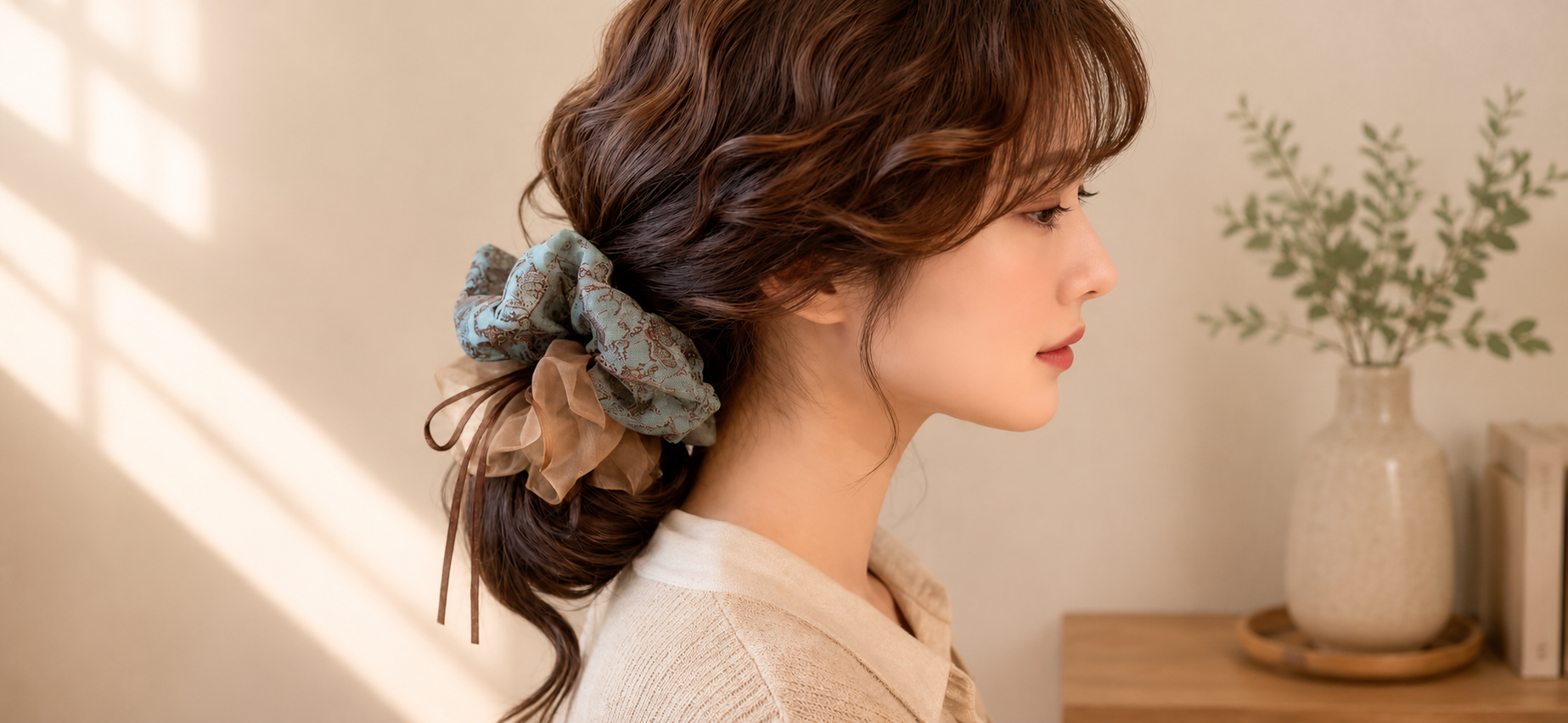 French Vintage Oversized Chiffon Hair Scrunchie with Ribbon Bow
